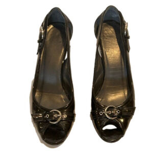 Black patent faux leather 3 1/2” peep toe high heel sling back shoe 8M